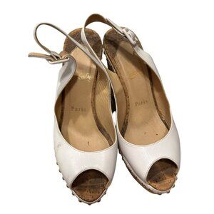 CHRISTIAN LOUBOUTIN Monico 100 Cork Wedges Size 38 white leather studs peep toe